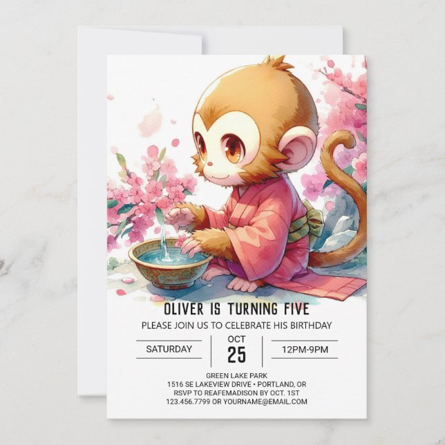 Convite Aniversário do Macaco Imprimível Elegante (Frente)