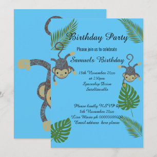 CONVITE ANIVERSÁRIO DO MACACO JUNGLE BLUE CHILDRENS AZUIS
