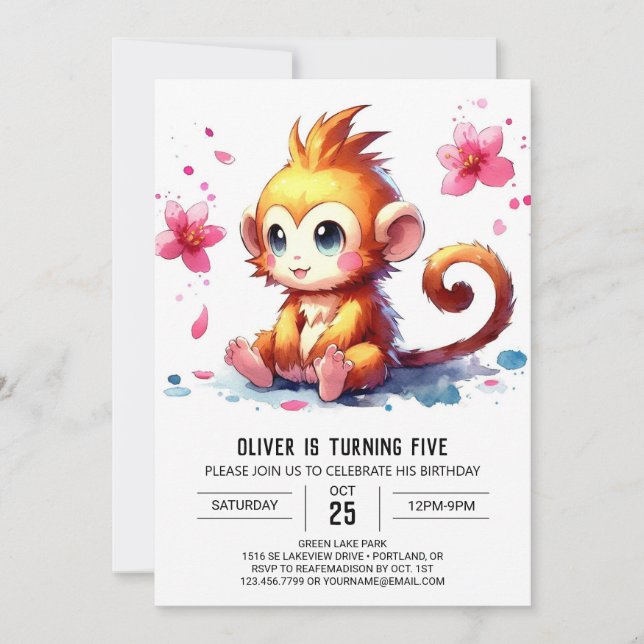 Convite Aniversário do Macaco Moderno Editável (Frente)