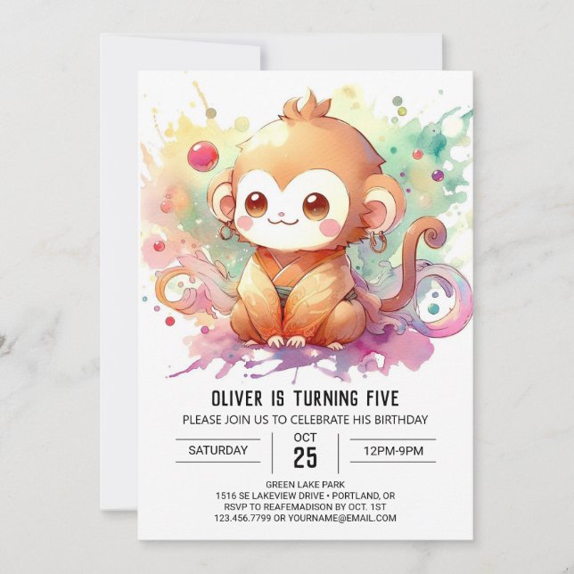 Convite Aniversário do Macaco Moderno Editável (Frente)