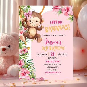Convite Aniversário do Macaco Savannah Rosa Vamos às Banan