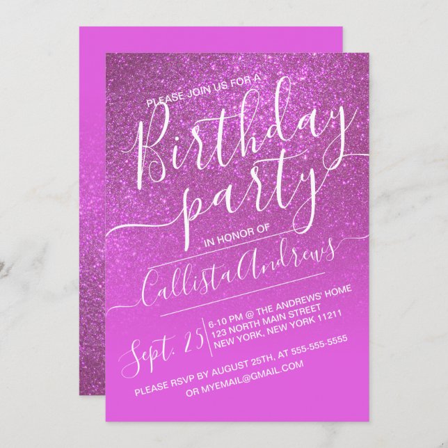 Convite Aniversário do Magenta Pink Sparkly Ombre (Frente/Verso)