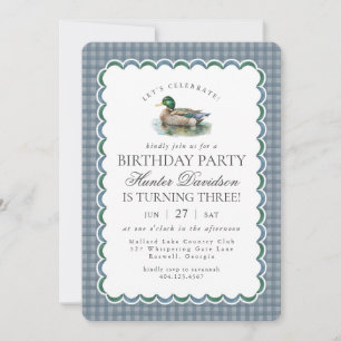 Convite Aniversário do Mallard Duck Caçando o Blue Gingham