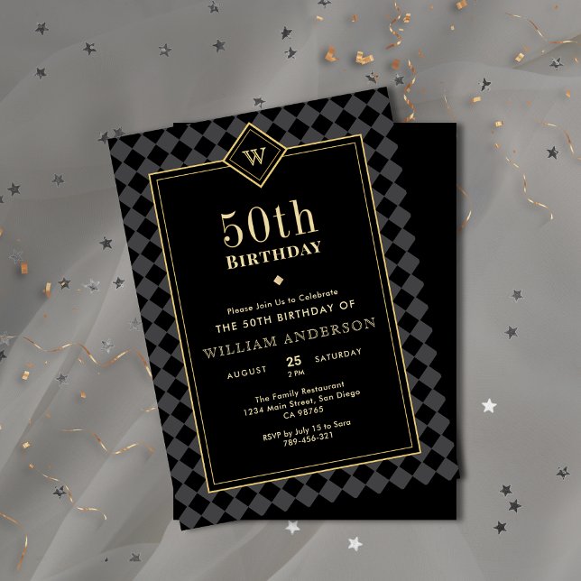 Convite Aniversário do Marco Negro e Masculino Dourado Ele (Elegant Black & Gold Masculine Milestone Birthday Invitation)