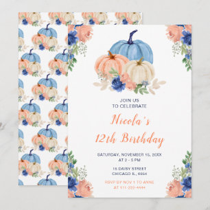 Convite Aniversário do marinho Blue e Blush Floral Pumpkin