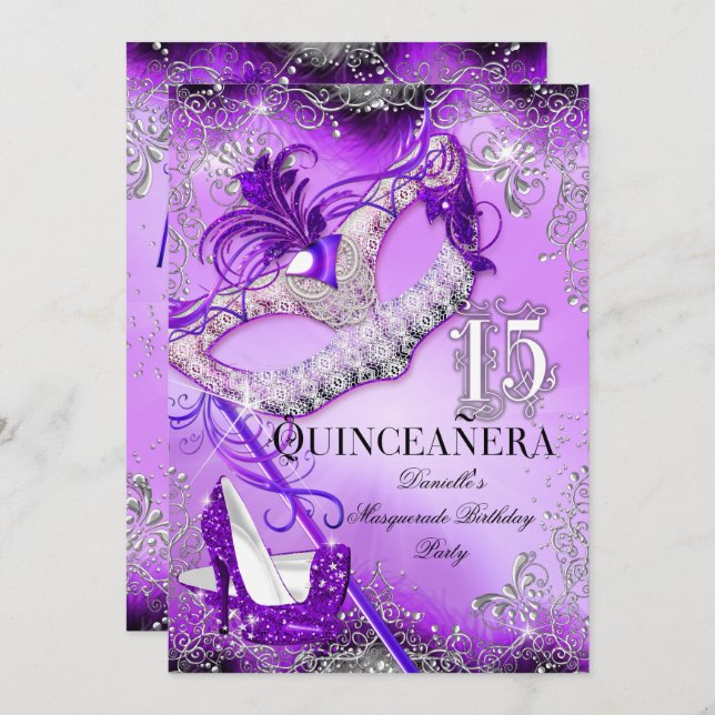 Convite Aniversário do Mascarada de Quinceanera Purple Spa (Frente/Verso)