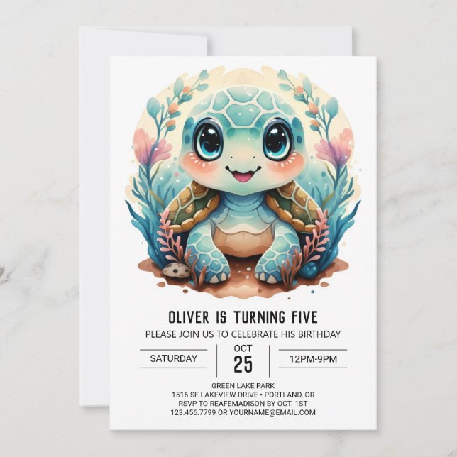 Convite Aniversário do Menino das Tartarugas da Boêmia Mar (Frente)