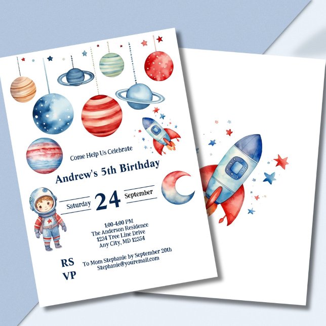Convite Aniversário do Menino Espaço Astronauta Planetas V (Space astronaut rockets planets boys birthday invitation, Red blue, Printed Digital)