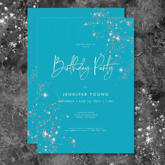 Convite Aniversário do Mínimo Moderno Glam Branco de Aqua (Modern Minimal Aqua White Glam Diamonds Birthday Invitation)