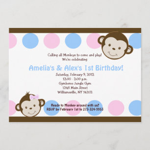 Convite Aniversário do Mod Monkey Twins Rosa/Azul 5x7