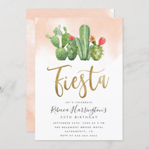 Convite Aniversário do Moderno Blush Watercolor e Cactus F