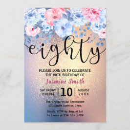 Convite Aniversário do moderno Floral Dourado Glitter 80