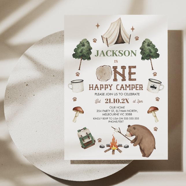 Convite Aniversário do moderno urso pardo tenda um feliz a (Boys Happy Camper Birthday Invitation Brown Bear tent Camp Fire Camping Themed 1st Birthday Template)