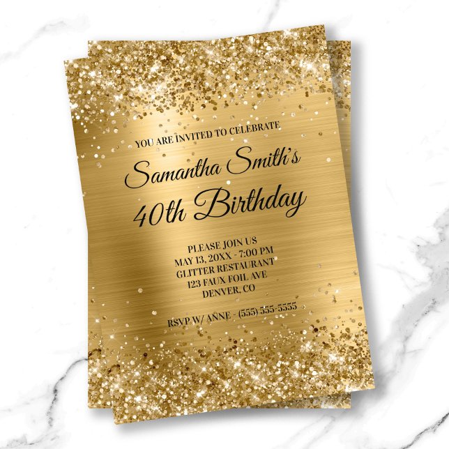 Convite Aniversário do Monograma de Folha Dourada brilhant (Shiny Gold Glitter Brushed Foil Monogram Birthday Invitation)
