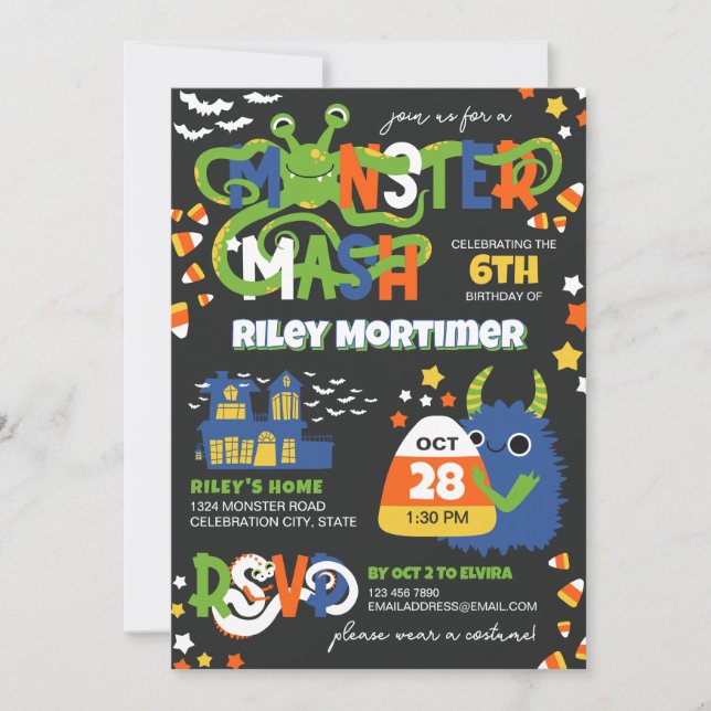 Convite Aniversário do Monster Mash Typografia Boy Hallowe (Frente)