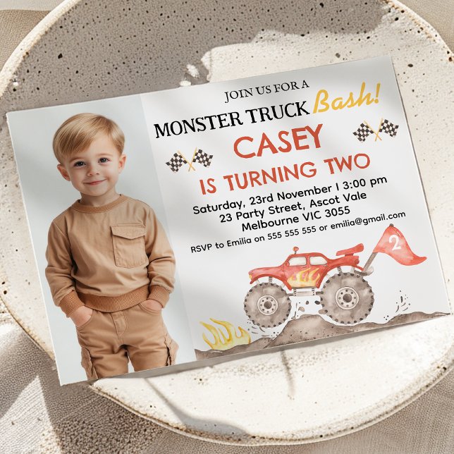 Convite Aniversário do Monstro do Monstro de Fotos Vermelh (Monster Truck Bash Birthday Invitation With Photo, Boys Red Monster Truck Birthday Invite Any Age)