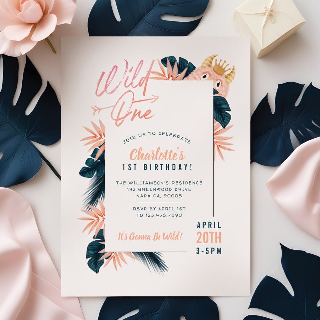 Convite Aniversário do Monstro Rosa Rosa Selvagem Tropical (Wild One Tropical Jungle Pink Monster Birthday Invitation)