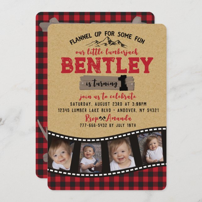 Convite Aniversário do Multi-Photo do Lumberjack da xadrez (Frente/Verso)