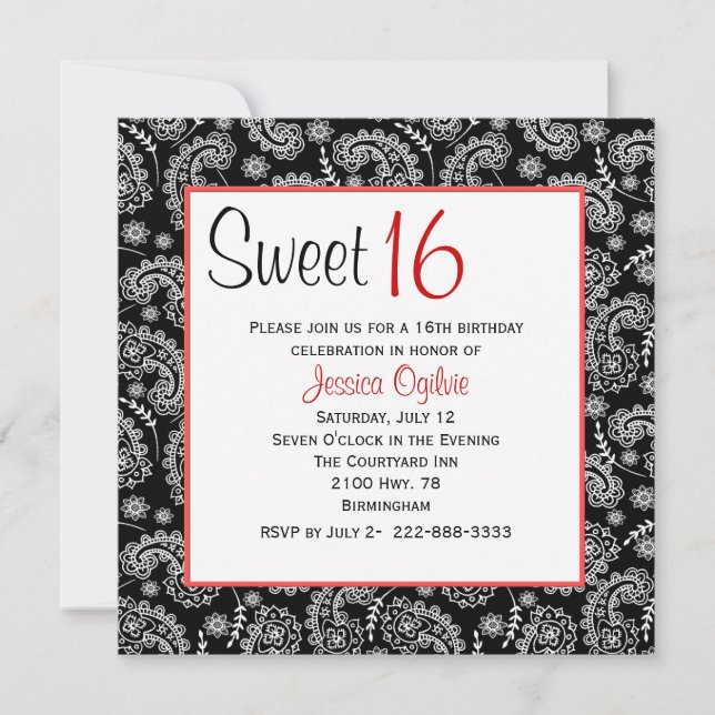 Convite Aniversário do Na moda Black & White Paisley Sweet (Frente)