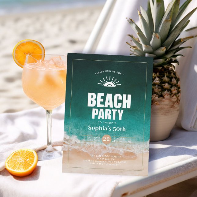 Convite Aniversário do Náutico Beach Ocean Water Modern 50 (nautical birthday invitation 50th for her women tropical modern sleek elegant classy chic)