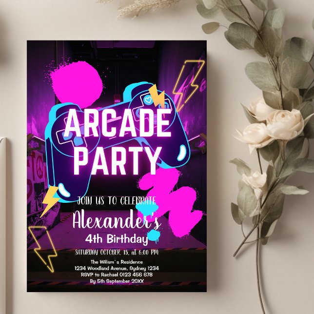 Convite Aniversário do Neon Gaming do Controlador do Jogo  (Criador carregado)