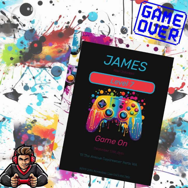 Convite Aniversário do Nível 7 do Controlador de Jogo de V (Video Control Level 7 Birthday Invitation)