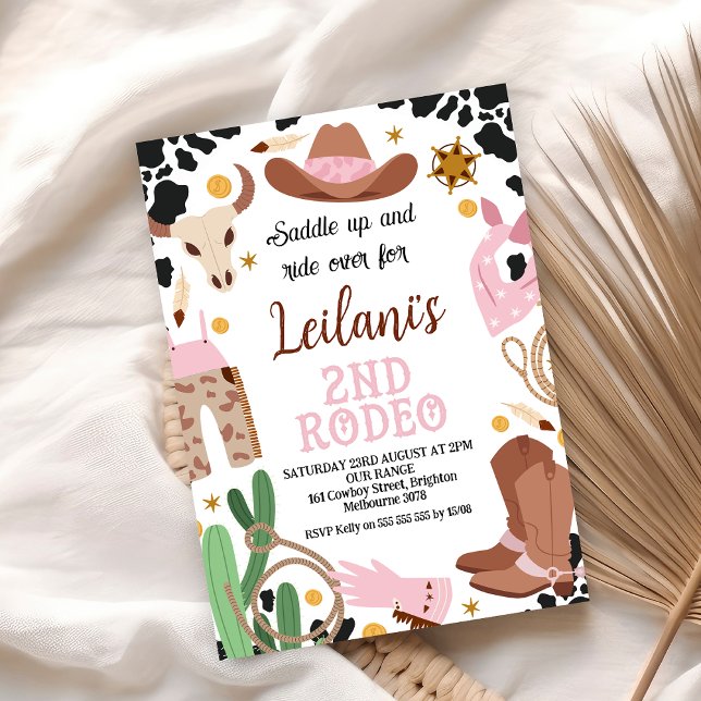 Convite Aniversário do Oeste Selvagem Ocidental do segundo (2nd Rodeo Cowgirl Birthday Party Invitation Wild West Cowgirl Second Rodeo Invite Editable Template)