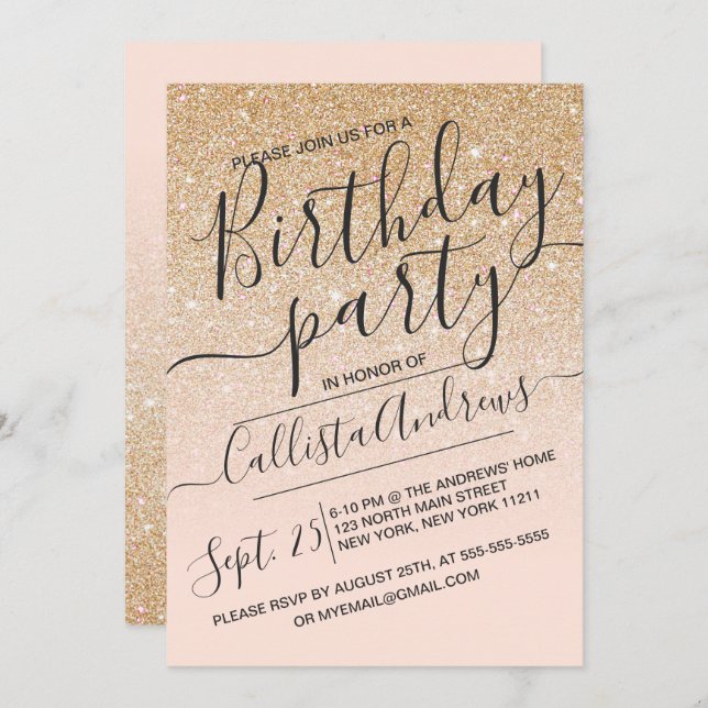 Convite Aniversário do Ombre Glitter Cinza Rosa Dourado Fa (Frente/Verso)