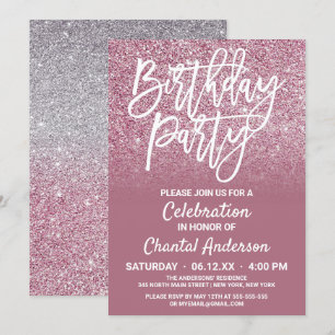 Convite Aniversário do Ombre Glitter de Prata Rosa do Cha