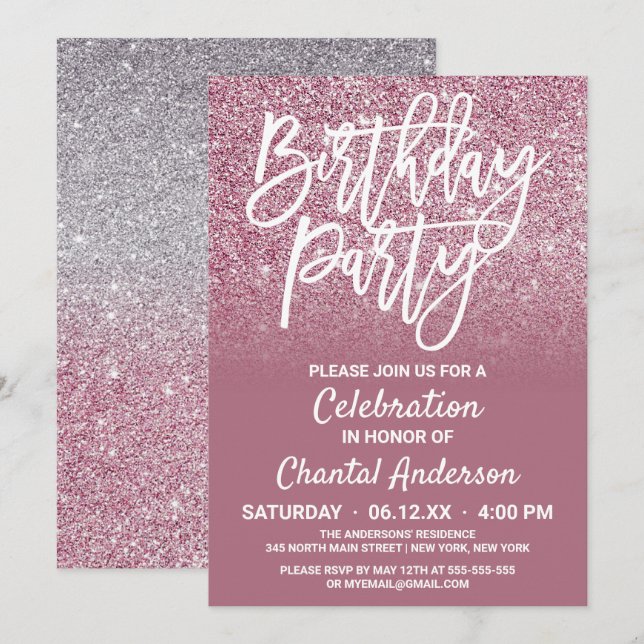 Convite Aniversário do Ombre Glitter de Prata Rosa do Chas (Frente/Verso)