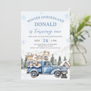 Convite Aniversário do Onederland de Inverno Azul Fofo Edi