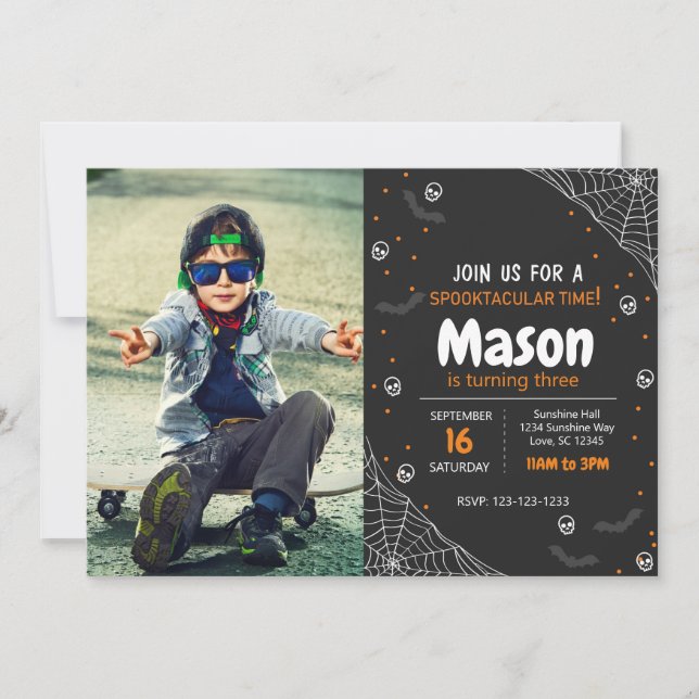 Convite Aniversário do Orange Spider Halloween Convide com (Frente)