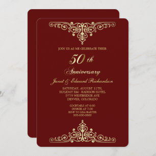 Convite Aniversário do Ouro Vitoriano Dourado Vermelho