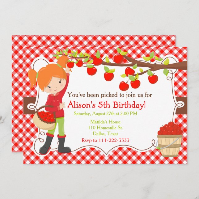 Convite Aniversário do outono da Apple Picante Cabelo Verm (Frente/Verso)