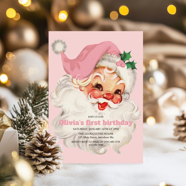 Convite Aniversário do Papai Noel Rosa Retro (Criador carregado)