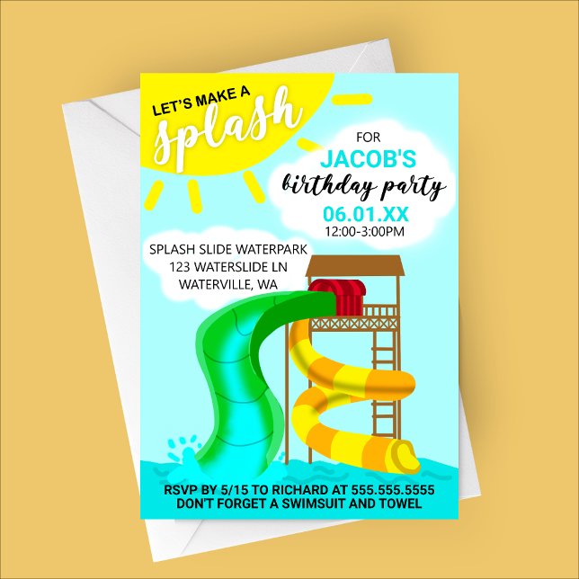 Convite Aniversário do Parque de Águas Splash (Let's Make a Splash - Kids Waterpark Birthday Party Invitation - Summer Birthday)