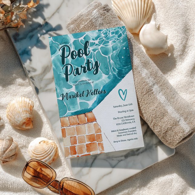 Convite Aniversário do Partido da Piscina 16 da Tropical W (Tropical Watercolor Sweet 16 Pool Party Birthday Invitation)
