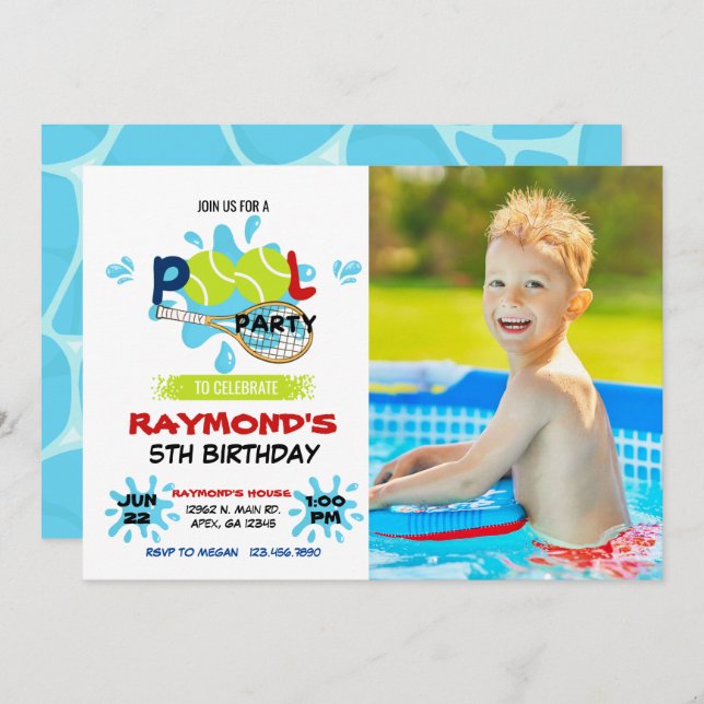 Convite Aniversário do Partido da Piscina de Foto Tênis (Frente/Verso)