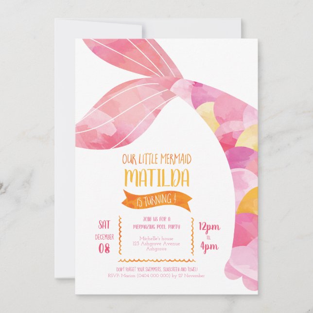 Convite Aniversário do Partido da Piscina de Sereia Laranj (Frente)