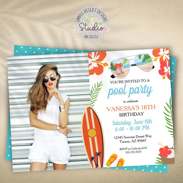 Convite Aniversário do Partido da Piscina Tropical de Foto (modern trendy pool party invitation for birthday or graduation celebration)