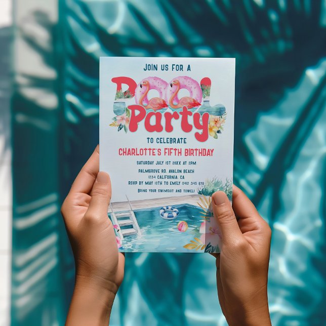 Convite Aniversário do Partido da Piscina Tropical Flaming (Pool Party Flamingo tropical Pool Birthday Party, Summer Swimming Party Birthday Party Invitation)