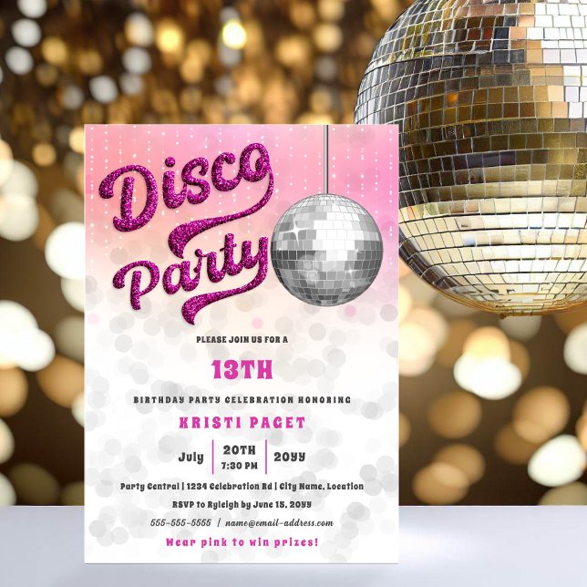 Convite Aniversário do Partido Disco de Olhos Rosa (Fun pink glitter disco party invitation.)
