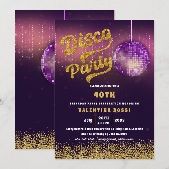 Convite Aniversário do Partido Disco Roxo Dourado (Frente/Verso)