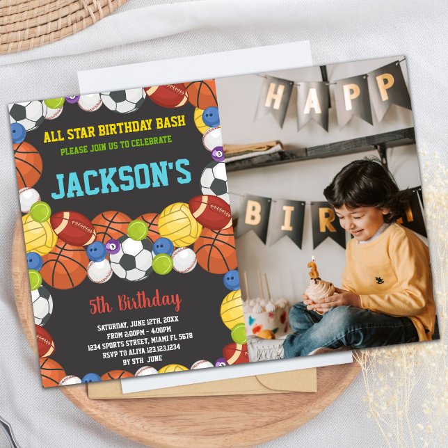 Convite Aniversário do Partido Esportivo Negro de Todas as (All Balls Black Sports Party Birthday with photo Invitation)