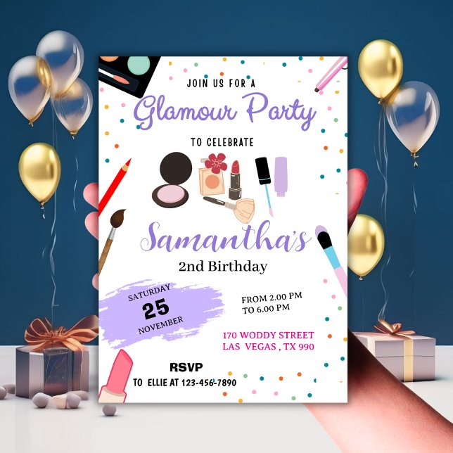 Convite Aniversário do Partido Glamor Confetti & Makeup (Confetti & Makeup Glamour Party Birthday Invitation
)
