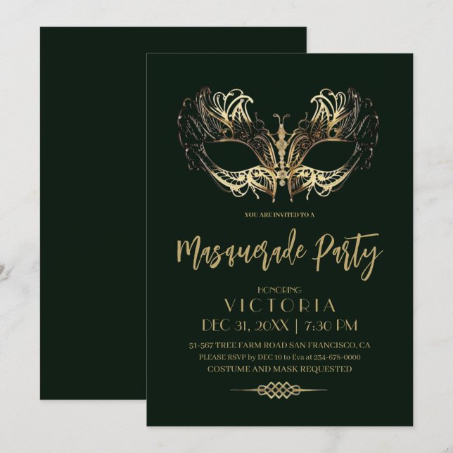 Convite Aniversário do Partido Mascarada Dourado Emerald G (Frente/Verso)