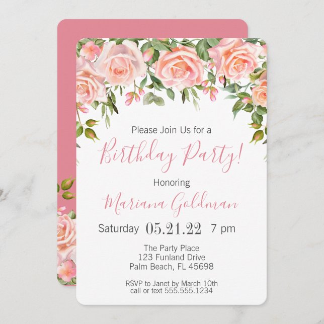 Convite Aniversário do Partido Moderno Floral Rosa (Frente/Verso)