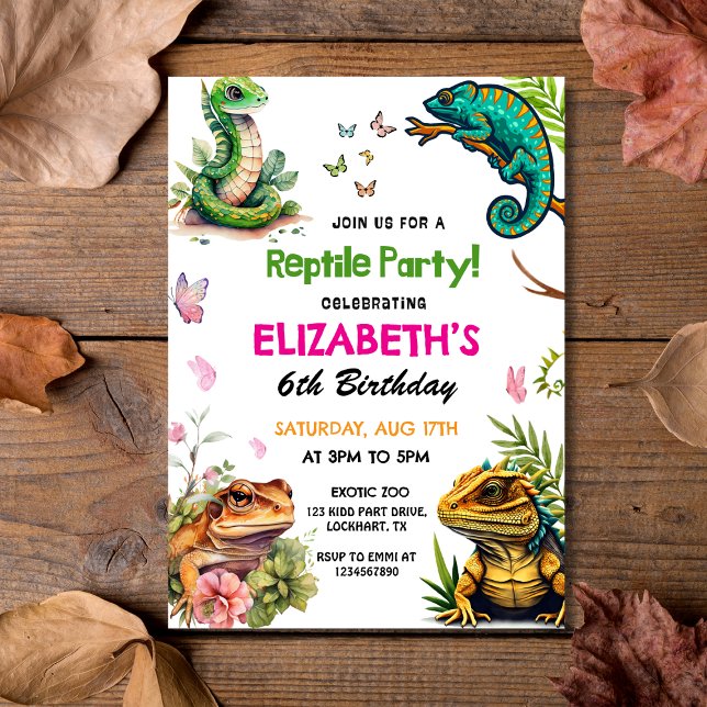 Convite Aniversário do Partido Réptil e Anfíbio da Aquarel (Watercolor Reptile & Amphibian Party Birthday Invitation
)