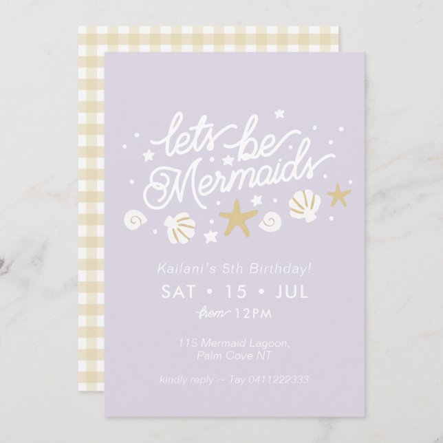 Convite Aniversário do Partido Sereia Lilac & Gingham Girl (Frente/Verso)