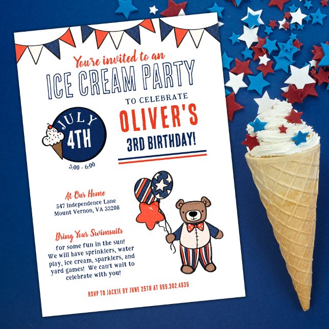 Convite Aniversário do Partido Sorvete do Urso Patriótico (July Birthday Ice Cream Party Invitaiton)